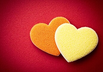 Obraz premium Two Heart Shaped Sponges on Red Background Valentine's Day