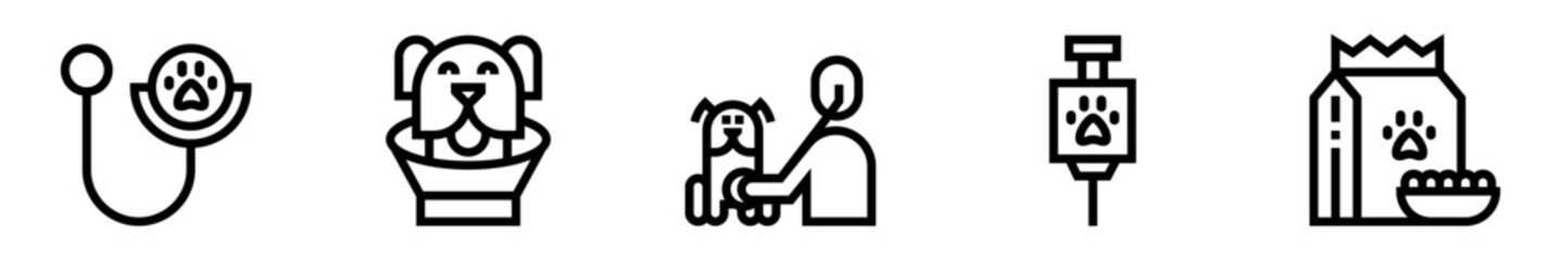 Veterinary icon set. Veterinary medicine. Medical care, pet, animal welfare, vaccine, nutrition. Vector illustration