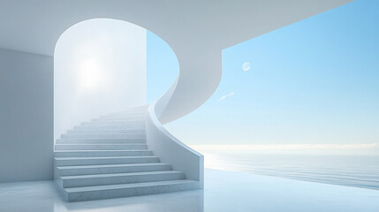 A serene and minimalist stairway leads upward, toward a heavenly sky illuminated by light, symbolizing hope, enlightenment, and transcendence in a hyperrealistic scene

