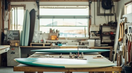 A bright workshop with tools for creating custom surfboards, including blanks, resin