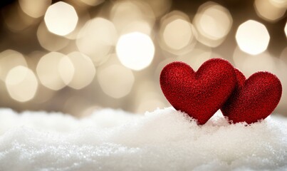 Fototapeta premium Romantic Red Glitter Hearts in Snow Winter Valentines Day