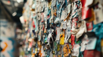 Fototapeta premium A colorful wall covered in layered paper scraps and notes, often found in communal spaces.