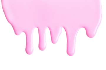 Pink liquid drops of paint color flow down on white canvas. Abstract art. Light pink paint dripping on the white wall with copy space..