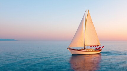 Fototapeta premium Sailboat sailing on calm ocean at sunset.