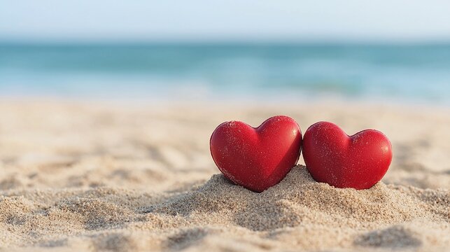 Two red hearts on sandy beach with ocean background.
