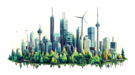 Papercut style futuristic skyline of an ecocity, showcasing green leaf overlays, wind turbines, solar panels, and treelined streets. Treeline. Illustration