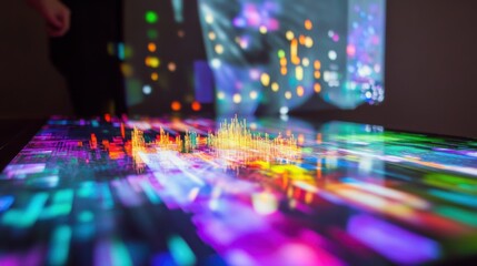 A colorful, abstract digital projection displaying data visualizations in a modern setting.