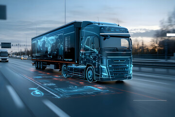 cool blue, grey dawn sunlight lone truck on highway - trucking, road freight, delivery, info-graphics - transport logistics network technology