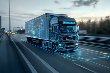 cool blue, grey dawn sunlight lone truck on highway - trucking, road freight, delivery, info-graphics - transport logistics network technology