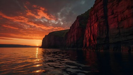 deep red sun setting between jagged dark cliffs, its glowing light reflecting vividly on calm water, 