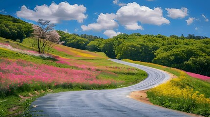 Naklejka premium Scenic Winding Road Through Vibrant Flower Fields and Green Hills