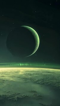A distant moon casts shadows over a serene planet with a vibrant atmosphere in deep space