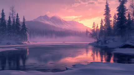 Ethereal winter landscape with a frozen lake reflecting the misty atmospheric treeline at dawn serene and peaceful outdoor scenery with a calm moody ambiance. Treeline. Illustration