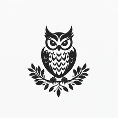 Fototapeta premium A stylized black owl perched on a branch with leaves, showcasing a graphic design style.