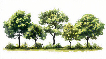 Green trees on transparent background. are forest and foliage in summer for both printing and web pages with cut path and alpha channel. Treeline. Illustration