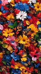 Fototapeta premium Vibrant butterflies among colorful flowers nature’s palette floral photography outdoor garden high angle beauty of nature