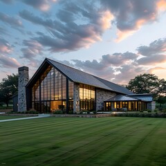 Fototapeta premium Modern Barn-Style Building at Dusk