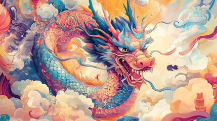 Vibrant and colorful Chinese dragon illustrations showcasing traditional cultural themes, ideal for festivals, posters, and digital artworks