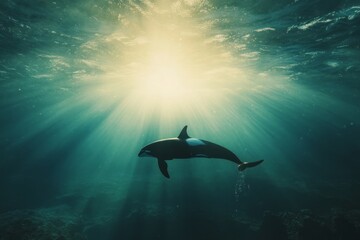 Fototapeta premium Orca swimming beneath sunlit ocean water