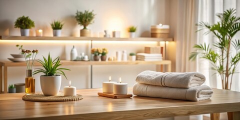 Serene Spa Setting  Relaxing Atmosphere with Candles, Towels, and Plants on a Wooden Table