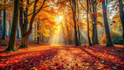 Naklejka premium Golden Sunlight Illuminates a Path Through a Vibrant Autumn Forest, Casting Long Shadows on a Carpet of Fallen Leaves