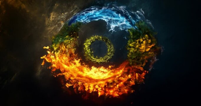 A stunning creative design featuring the four elements of nature--earth, wind, fire, and water--arranged in a circular formation against a dark, dramatic background that highlights the elements&nbsp;