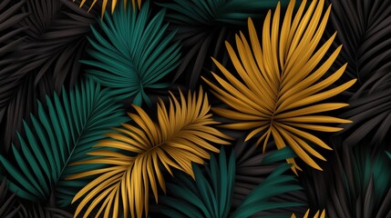 Seamless tropical pattern with green and gold palm leaves on a black background
