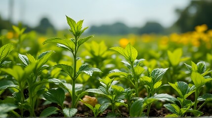 Obraz premium Fresh Green Mint Plants Growing in Agricultural Field Under Sunlight