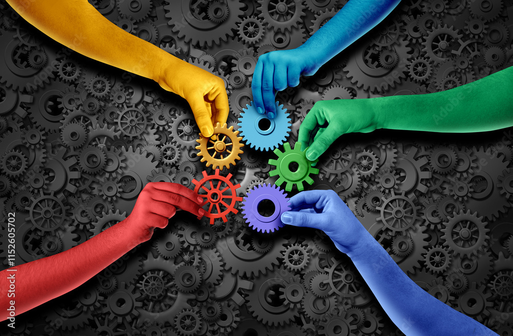 Aufkleber diverse people joining together as a team concept and unity or teamwork idea as a business success m