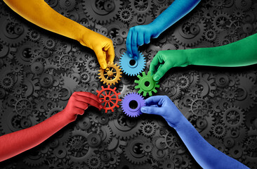 Diverse People Joining Together as a team concept and unity or teamwork idea as a business success...