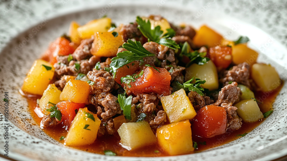 Wall mural Closeup of cooked minced meat with vegetables. delicious healthy homemade food meal on a plate, fresh tasty red tomato sauce, traditional lunch or dinner cuisine dish, beef recipe nutrition.