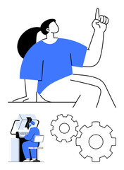 Person with raised finger suggesting an idea, worker using a computer beside two gear icons. Ideal for innovation, teamwork, industry, problem-solving, brainstorming, mechanics, productivity themes