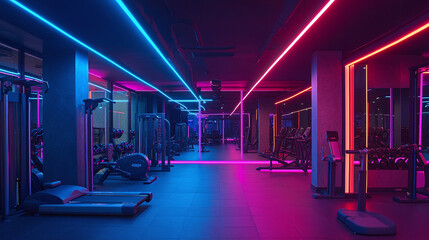 Empty gym interior with neon lighting, a modern fitness center or club room space architecture, equipment, workout area ready for exercise and training.