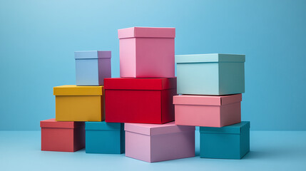 Obraz premium Pile of cardboard boxes of different colors isolated. birthday surprise present package, xmas christmas holiday container stack, happy new year, merry, shopping, festive, anniversary.