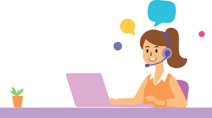 A flat vector illustration of a cheerful customer support agent sitting at a desk with a laptop, wearing a headset with a microphone and bubble text
