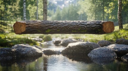 Fototapeta premium A forest log levitates above a tranquil stream