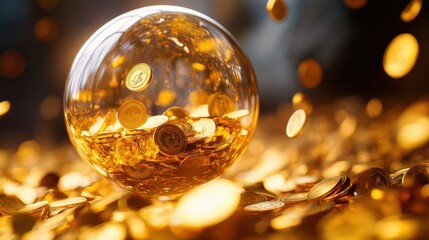 Golden Coins Encased In A Transparent Sphere Amidst More Coins