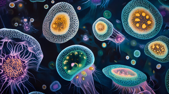 Vibrant and intricate unicellular organisms captured through electron microscopy at zoom closeup. Archaea. Illustration