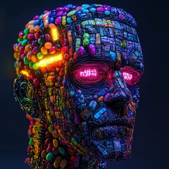 Frankenstein head fused with stitched jelly beans and glowing neon candy bolts