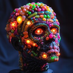 Frankenstein head fused with stitched jelly beans and glowing neon candy bolts