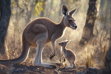 Fototapeta premium Red Kangaroo Mother And Joey In Australian Bush