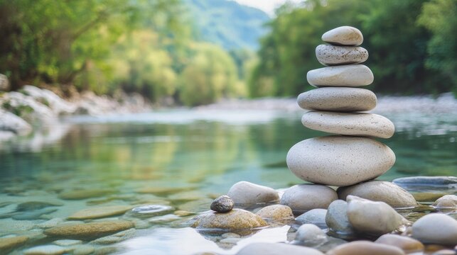 A calm rock balancing spot with stones and pebbles neatly stacked by a river, A tranquil riverside with clear water and smooth rocks, Minimalist nature style