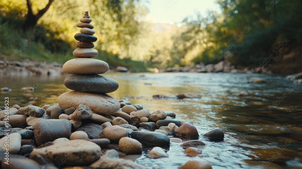 Poster a calm rock balancing spot with stones and pebbles neatly stacked by a river, a tranquil riverside w