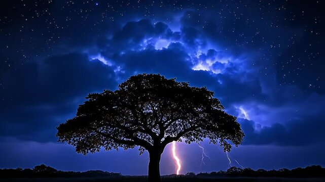 A lone tree is struck by lightning during a dramatic thunderstorm at night.