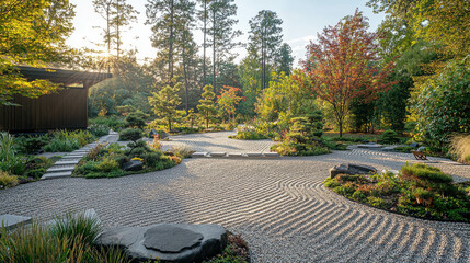 Obraz premium Tranquil Zen Garden with Raked Patterns and Lush Greenery in Natural Light