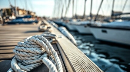 A calm sailing club dock with neatly coiled ropes and well-maintained sailboats, A tranquil marina with calm waters and a clear sky, Minimalist nautical style © ArpPSIqee
