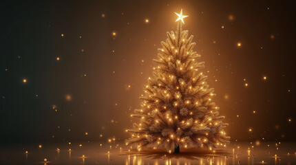 Elegant Golden Christmas Tree Illustration Glowing Mysteriously on Dark Winter Holiday Background