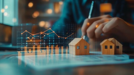 A person analyzes real estate data while drawing graphs and charts, with miniature house models on the table, indicating property market trends.