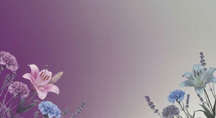 Soft Floral Gradient: Delicate lilies and carnations in soft pink and blue hues frame a dreamy gradient backdrop, perfect for elegant invitations, wedding stationery, or feminine branding. 