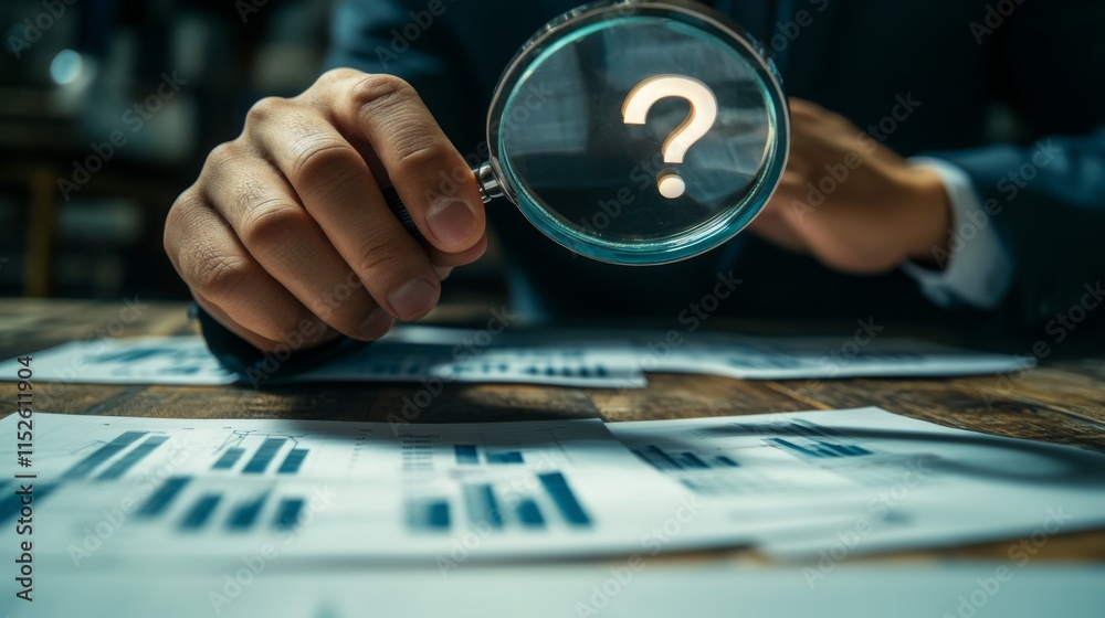 Fototapete a person examines documents with a magnifying glass, highlighting uncertainty with a question mark, 